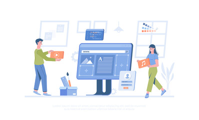 Web designers work on computer interface. Developing web page, organization website, create layout. Cartoon modern flat vector illustration for banner, website design, landing page.	