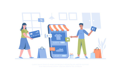 Mobile commerce. Shopper chooses products in online store and makes purchases and activities in application. Cartoon modern flat vector illustration for banner, website design, landing page. 