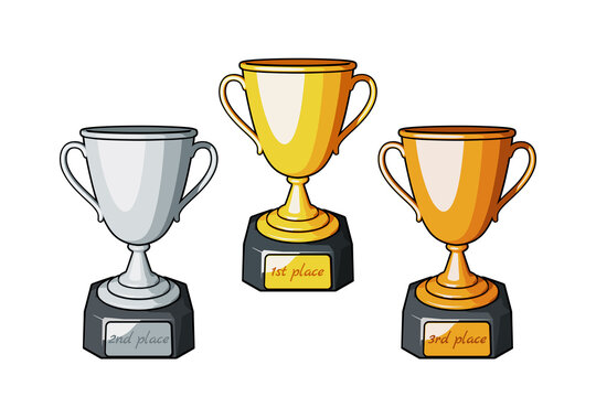 Set of Golden, Silver and Bronze trophy cup or champion cup. First, second and third place in the competition. Vector illustration in comic cartoon style on a white background