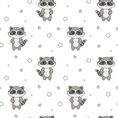 Raccoon vector seamless pattern, cute serious raccoon background