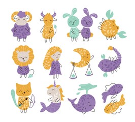 Obraz premium Cute vector set of zodiac sign. Adorable characters in flat kawaii style. Aquarius, pisces, aries, leo, gemini, taurus, scorpio, sagittarius, libra, virgo, capricorn, cancer. Horoscope for kids