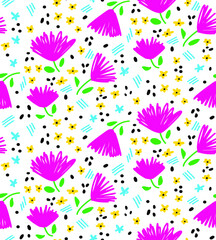 Abstract Hand Drawing Ditsy Flowers Leaves Dost and Brush Strokes Seamless Vector Pattern Isolated Background