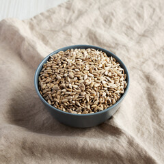 Raw Organic Sunflower Seed Kernels in a Blue Bowl, low angle view.