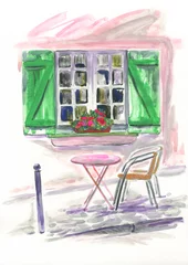 Poster watercolor painting. Parisian cafe table and chairs. illustration.  © Anna Ismagilova