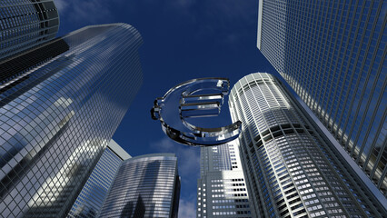 crystal Euro currency badge among the business center of high-rise buildings