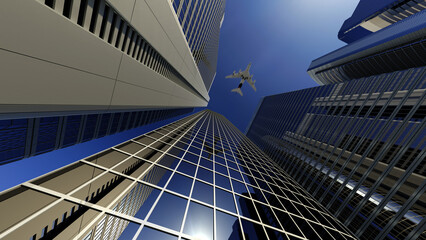 a flying plane in the sky among the business center of high-rise buildings with mirrored windows