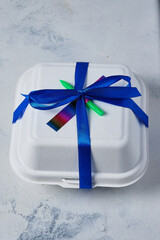 Bento cake in a box. Small cake packaging. Holiday gift.