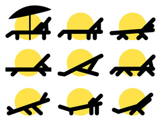 Deck chair icons set isolated on white background. Summer vacation, sunbathing. Chaise lounge with sun. Icon design for banners, posters and beach advertising. Vector illustration
