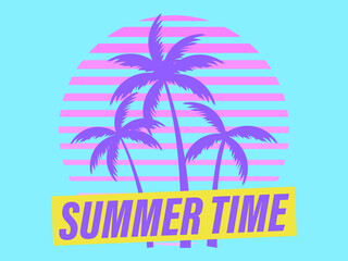 Sunset with palm trees in 80s style. Summer party. Retro futuristic sun with outline palm trees in synthwave style. Design for printing advertising brochures, banners and posters. Vector illustration