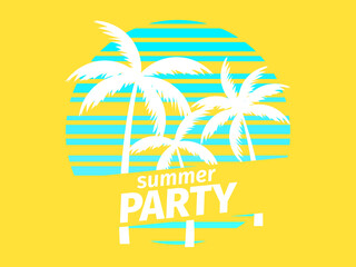 Sunset with palm trees in 80s style. Summer party. Retro futuristic sun with outline palm trees in synthwave style. Design for printing advertising brochures, banners and posters. Vector illustration