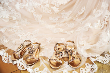 Wedding shoes with jewels on the bridal veil