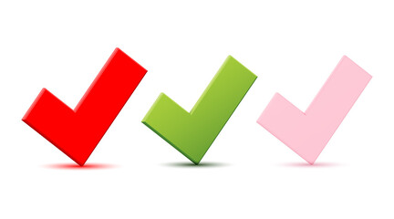 Vector 3d red green and pink checklist checkmark icons. Correct check mark answer flag. OK and yes