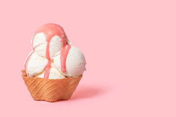 summer funny creative concept of cone with scoops of ice cream poured with icing on pink...