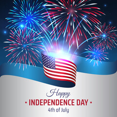 4th of july happy independence day usa, template. American flag on night sky background, colorful fireworks. Fourth of july, US national holiday, independence day. Vector illustration, poster, banner - obrazy, fototapety, plakaty