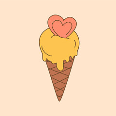 Doodle Ice Cream in Retro style. Vector isolated illustrstion ice cream whit heart for sticker and t shirt design in 1970 colors.
