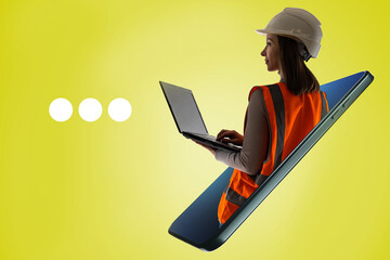Website or application architect concept. An architect girl with a laptop. Portrait of civil engineer in a white helmet. Website of a construction company. Mobile applications for architects.