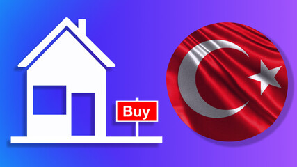 Buy house in Turkey. Investments in Turkish real estate. House with the inscription Buy and a Turkish flag. Houses and apartments in Turkey. A collage in a magazine style. Collage with abstract house