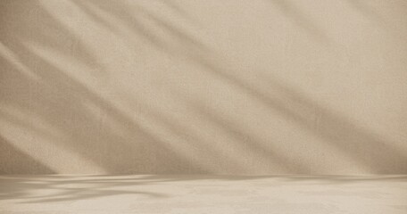 Podium, showcase on pastel stucco background. Abstract composition with branch, stone and shadow on the wall -3D render. Mock up for exhibitions, presentation and branding products, health care.