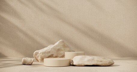 Podium, showcase on pastel stucco background. Abstract composition with branch, stone and shadow on the wall -3D render. Mock up for exhibitions, presentation and branding products, health care.