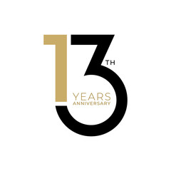 13 Year Anniversary Logo, 13th birthday, Golden Color, Vector Template Design element for invitation, wedding, jubilee and greeting card illustration. - obrazy, fototapety, plakaty