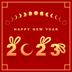 Golden chinese happy new year 2023, year of the rabbit cute bunny with moon phases on red background flat vector design.