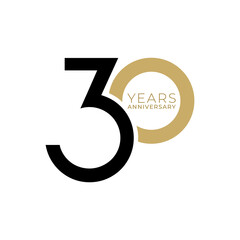 30 Year Anniversary Logo, Golden Color, Vector Template Design element for birthday, invitation, wedding, jubilee and greeting card illustration. - obrazy, fototapety, plakaty