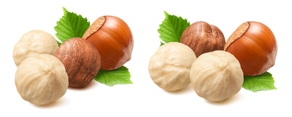 Double hazelnut set isolated on white background. Whole and peeled nuts with leaves.