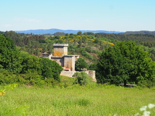 Fototapeta na wymiar castillo fortaleza militar de origen medieval construido en piedra, cuatro torres, en un paisaje incomparable a orillas del río pambre, la coruña, galicia, españa, europa
