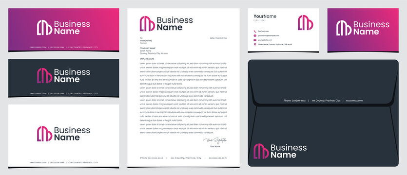 LM, ML or LMB heart logo with stationery, business cards and social media banner designs