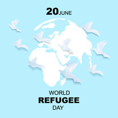 Fototapeta na wymiar World refugee day background with flying origami bird. Flat style vector illustration. Concept of migrant for web, banner, background, wallpaper, poster or card design.