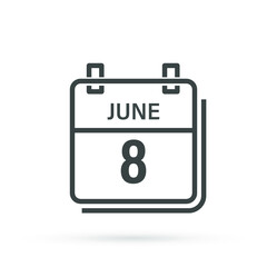 June 8, Calendar icon with shadow. Day, month. Flat vector illustration.