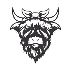 Highland cow cute bow head design with ribbon hairband. Farm Animal. Cows logos or icons. vector illustration. - obrazy, fototapety, plakaty