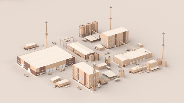 Industrial infrastructure in isometry. The territory of a small factory with pipes and equipment. Plan of buildings with tanks in warm colors, top view. 3d illustration