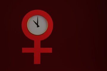 Obraz premium Female gender symbol with a clock. Menopause concept. Red background. 3D render.