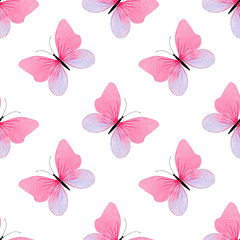 Pink watercolor butterflies isolated on a white background. Cute summer seamless pattern. Minimalist wallpaper and fabric texture
