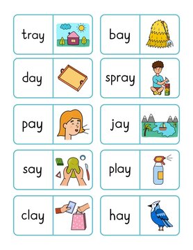 Phonics -ay- sound dominoes game. Match the words with pictures activity page for kids. Vector illustration
