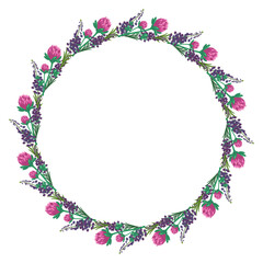Wreath of pink clover flowers and purple wild plants. Round frame, cute bright plant with shamrock leaves. Festive decorations for wedding, holiday, card, poster and design. Vector flat illustration