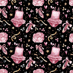 Watercolor seamless pattern with ballerina dresses, pointe shoes,  ribbons and stars.  Bright pattern with hand-drawn illustrations on the theme of ballet.