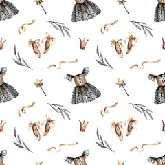 Watercolor seamless pattern with ballet dresses, bows and gold ribbons on a white background. Hand-drawn background.