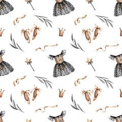 Watercolor seamless pattern with ballet dresses, bows and gold ribbons on a white background. Hand-drawn background.