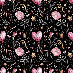 Fototapeta premium Bright seamless pattern with garlands, balloons, peonies, golden stars and ribbons on a black background. Background for a party, carnival.