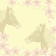 Template for children's birthday invitation with horses and flowers. Vector graphics