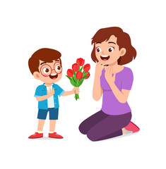 little kid give a flower to mother