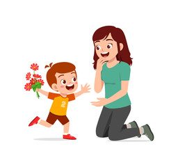 little kid give a flower to mother