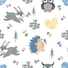 Hedgehog, owl, hare and coniferous trees. Forest animals. Childish seamless pattern.