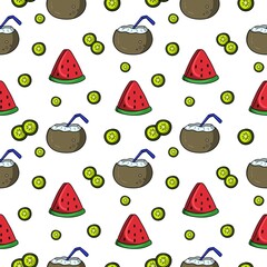 Juicy red piece of watermelon with coconut and kiwi slice, seamless square pattern