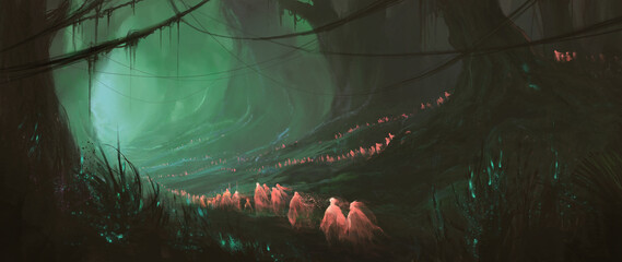 Red sprite in the magic forest, 3D illustration.