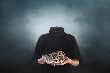 concept of mental freedom, surreal person holds ropes in his hand - obrazy, fototapety, plakaty