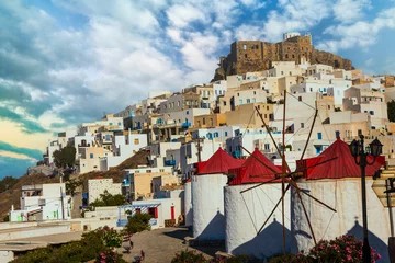 Gordijnen Traditional Greece - beautiful Chora village with windmills. Astypalea island, Dodecanese © Freesurf