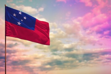 Fluttering Samoa flag mockup with the space for your content on colorful cloudy sky background.